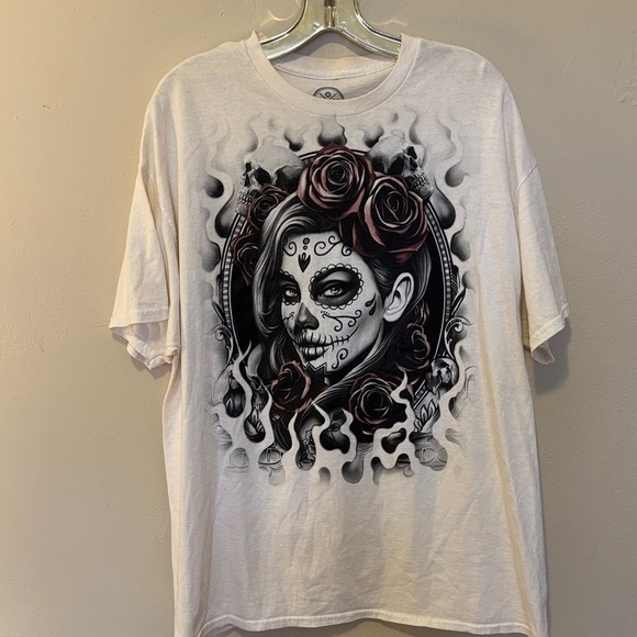 Dom Tops - Edgy Long Sleeve Tee with Skull and Roses